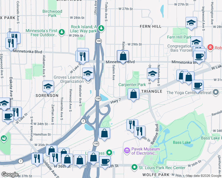 map of restaurants, bars, coffee shops, grocery stores, and more near 3127 Minnesota 100 in St. Louis Park