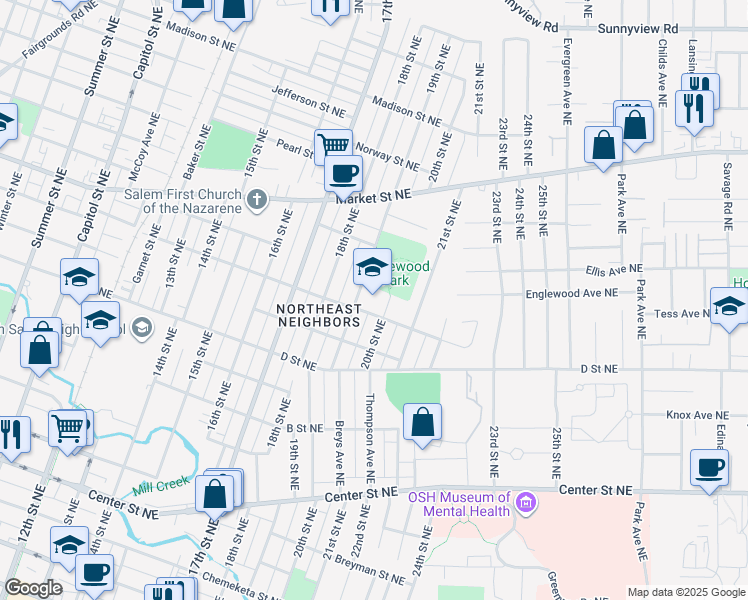 map of restaurants, bars, coffee shops, grocery stores, and more near 1132 19th Street Northeast in Salem