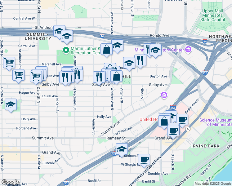 map of restaurants, bars, coffee shops, grocery stores, and more near 369 Laurel Ave in St Paul