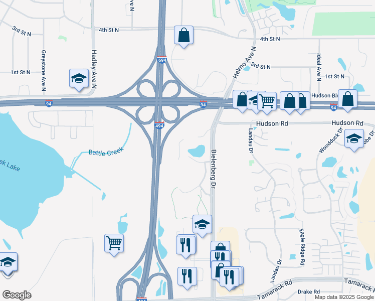 map of restaurants, bars, coffee shops, grocery stores, and more near 500 Bielenberg Drive in Woodbury