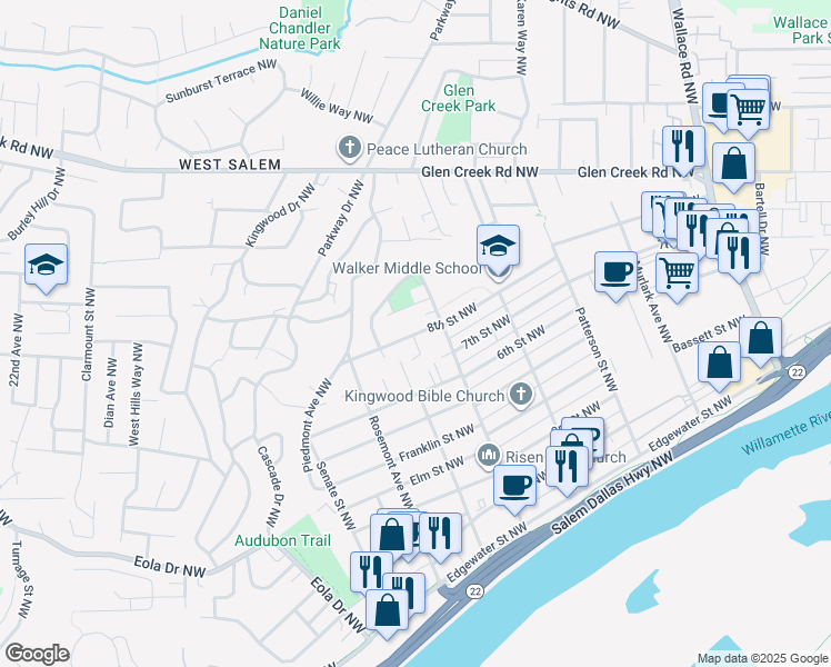 map of restaurants, bars, coffee shops, grocery stores, and more near 1251 8th St NW in Salem