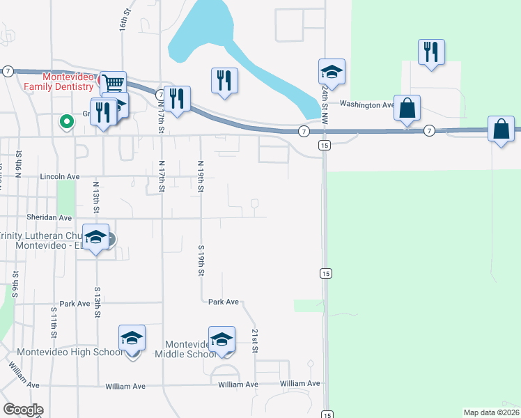 map of restaurants, bars, coffee shops, grocery stores, and more near 2101 Sheridan Avenue in Montevideo