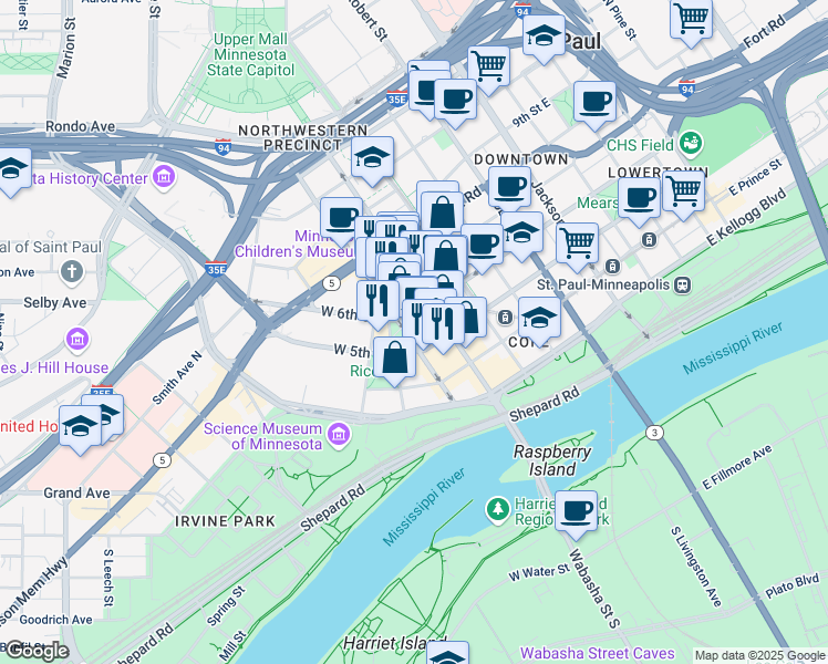 map of restaurants, bars, coffee shops, grocery stores, and more near 24 West 7th Place in Saint Paul