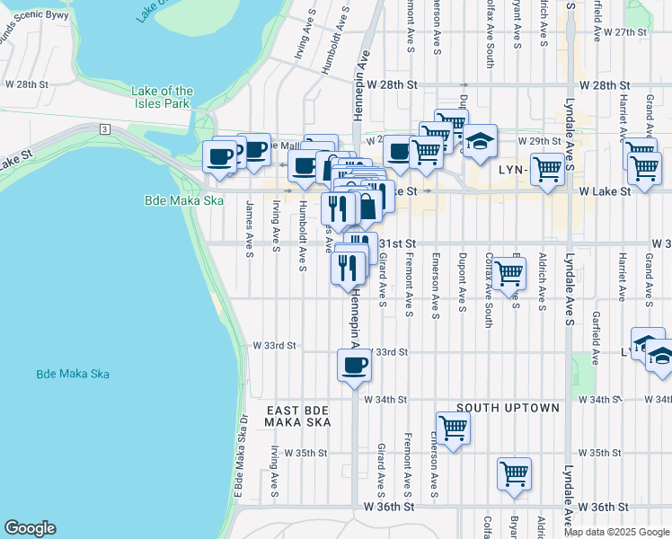 map of restaurants, bars, coffee shops, grocery stores, and more near 3125 Holmes Avenue in Minneapolis