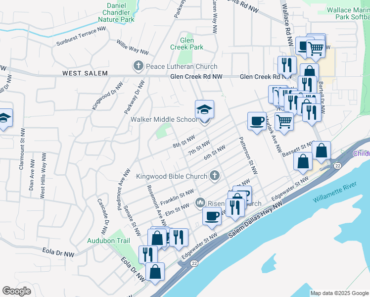 map of restaurants, bars, coffee shops, grocery stores, and more near 776 Gerth Avenue Northwest in Salem