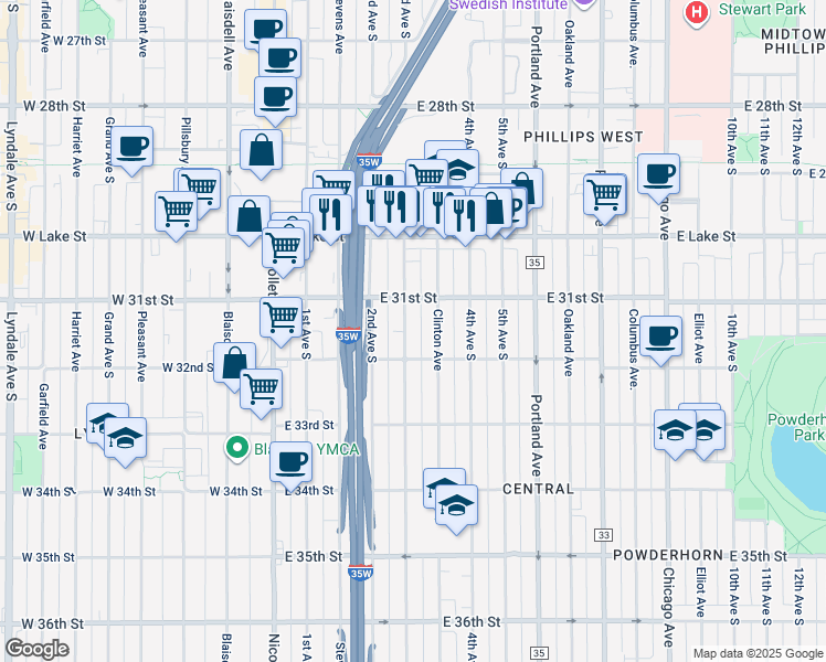 map of restaurants, bars, coffee shops, grocery stores, and more near 3116 3rd Avenue South in Minneapolis