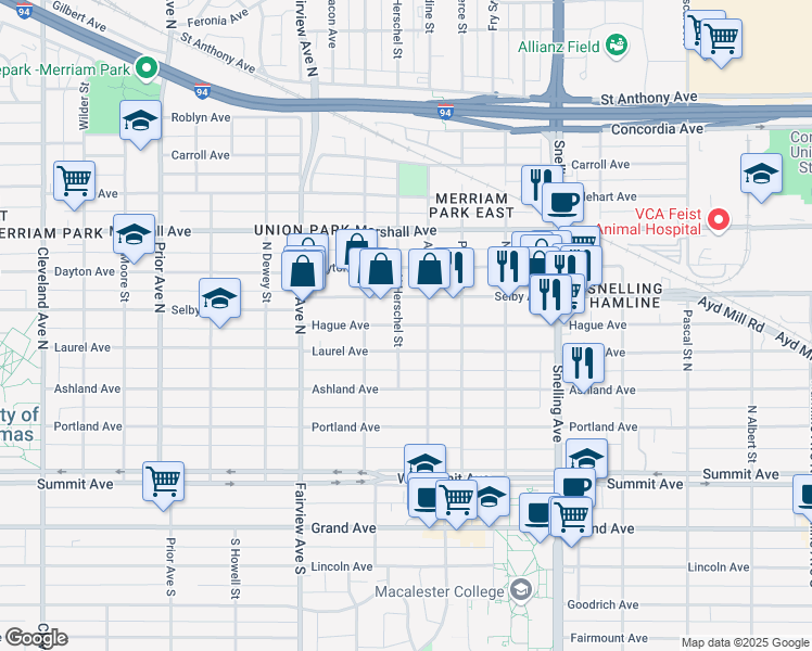 map of restaurants, bars, coffee shops, grocery stores, and more near 1720 Hague Ave in St Paul