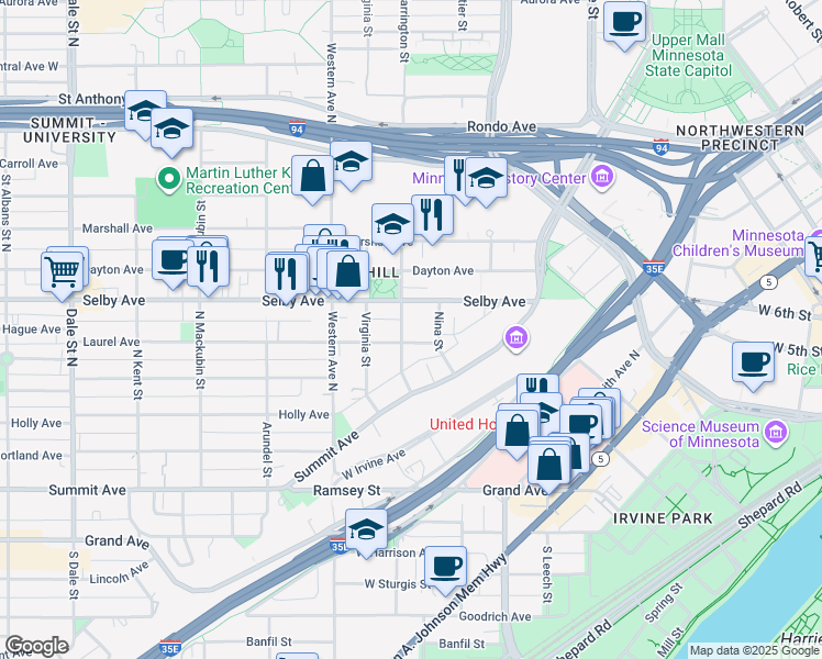 map of restaurants, bars, coffee shops, grocery stores, and more near 157 Nina Street in Saint Paul