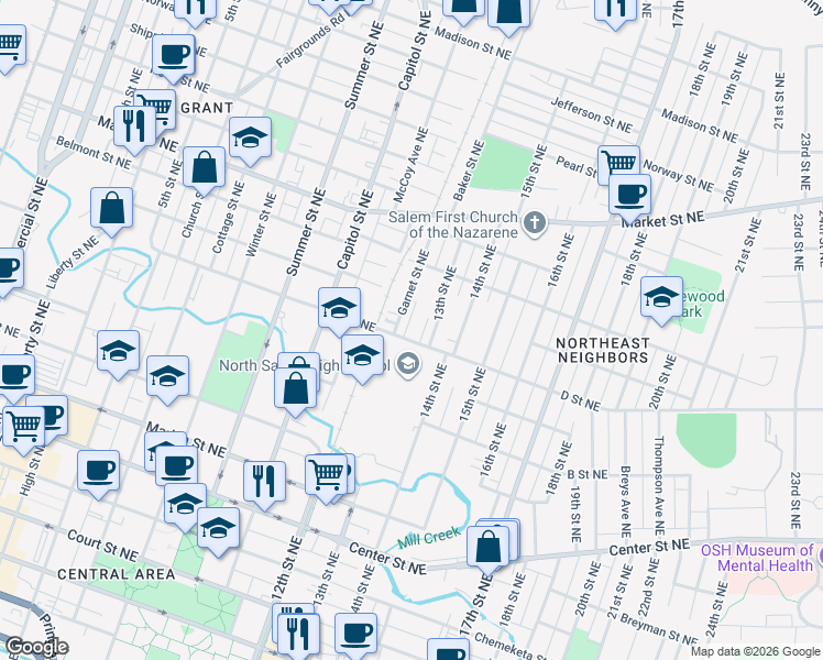 map of restaurants, bars, coffee shops, grocery stores, and more near 1281 D Street Northeast in Salem