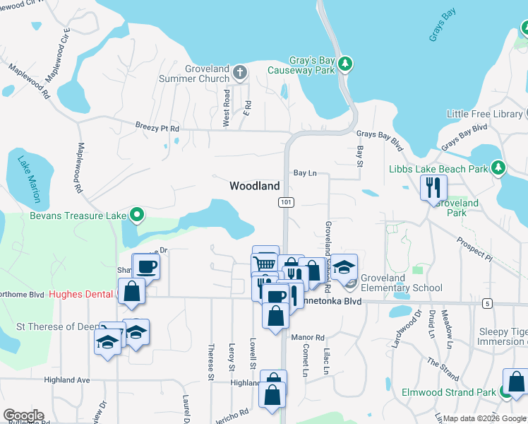 map of restaurants, bars, coffee shops, grocery stores, and more near 3114 County Road 101 in Wayzata