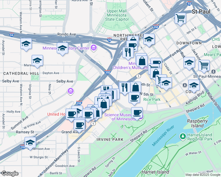 map of restaurants, bars, coffee shops, grocery stores, and more near 145 Smith Avenue North in Saint Paul