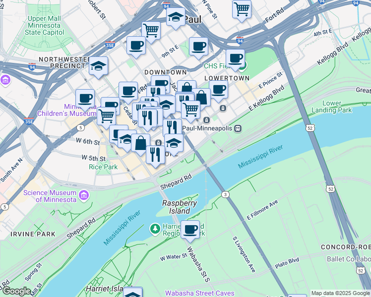 map of restaurants, bars, coffee shops, grocery stores, and more near 111 East Kellogg Boulevard in Saint Paul