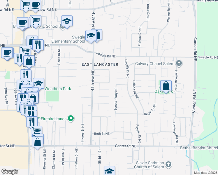 map of restaurants, bars, coffee shops, grocery stores, and more near 4580 Thrush Drive Northeast in Salem