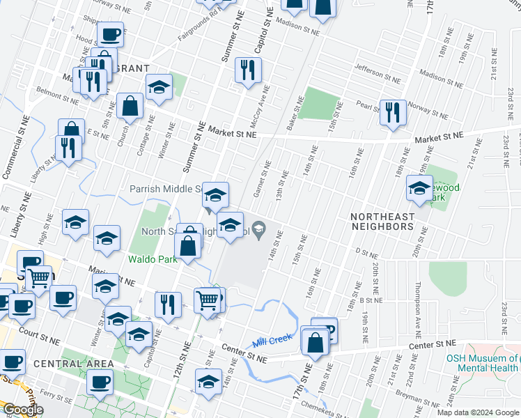 map of restaurants, bars, coffee shops, grocery stores, and more near 935 Imperial Drive Northeast in Salem
