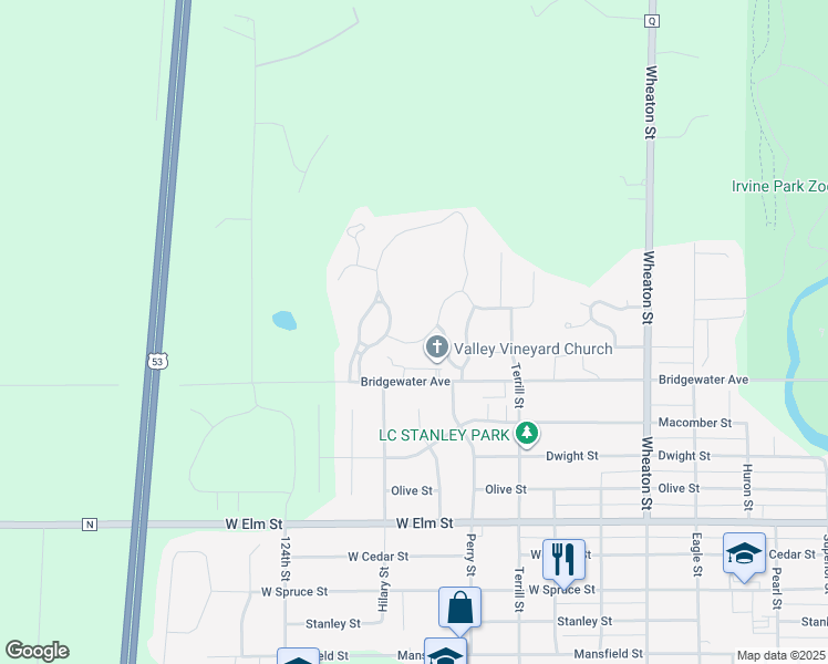 map of restaurants, bars, coffee shops, grocery stores, and more near 1623 Willow Creek Parkway in Chippewa Falls