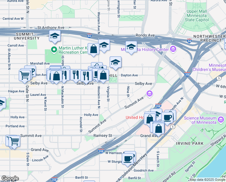 map of restaurants, bars, coffee shops, grocery stores, and more near 325 Laurel Avenue in Saint Paul
