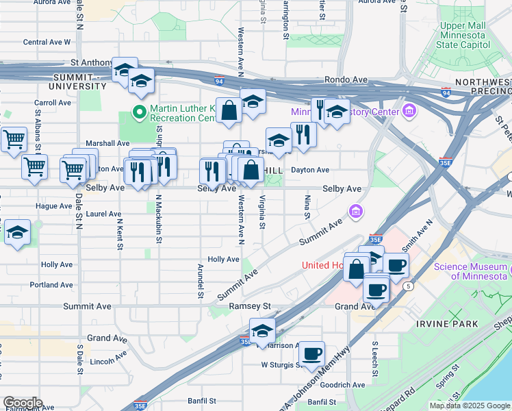 map of restaurants, bars, coffee shops, grocery stores, and more near in Saint Paul