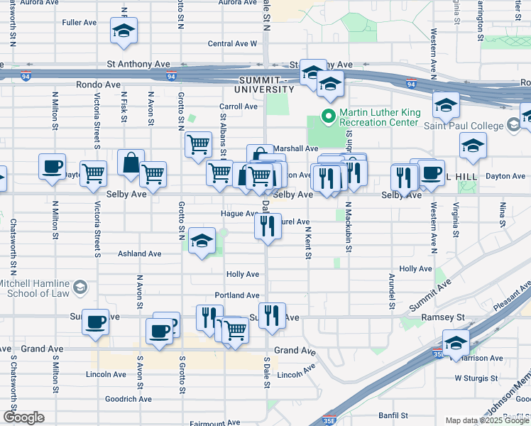 map of restaurants, bars, coffee shops, grocery stores, and more near in Saint Paul