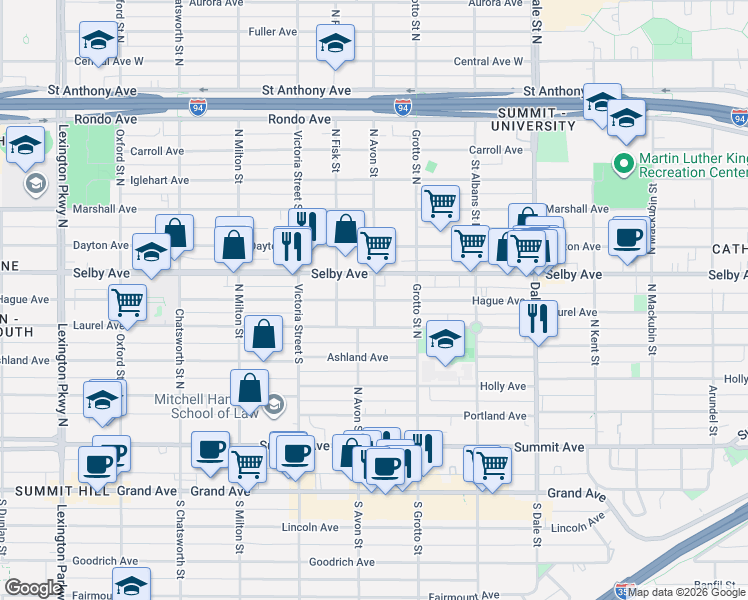 map of restaurants, bars, coffee shops, grocery stores, and more near 787 Hague Avenue in Saint Paul