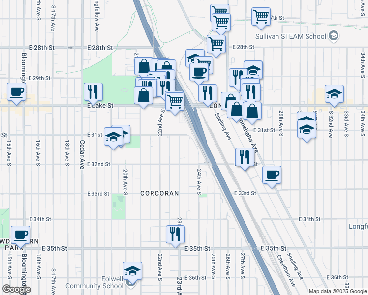 map of restaurants, bars, coffee shops, grocery stores, and more near 3119 23rd Avenue South in Minneapolis
