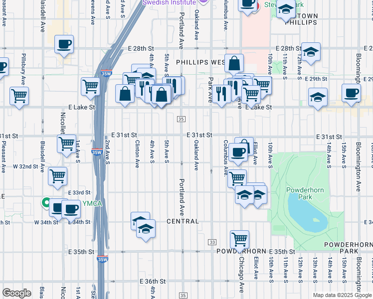 map of restaurants, bars, coffee shops, grocery stores, and more near 3116 Oakland Avenue in Minneapolis