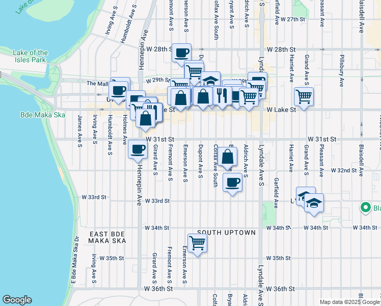 map of restaurants, bars, coffee shops, grocery stores, and more near 3115 Emerson Avenue South in Minneapolis