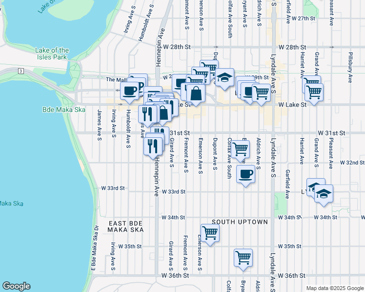 map of restaurants, bars, coffee shops, grocery stores, and more near 3115 Fremont Avenue South in Minneapolis