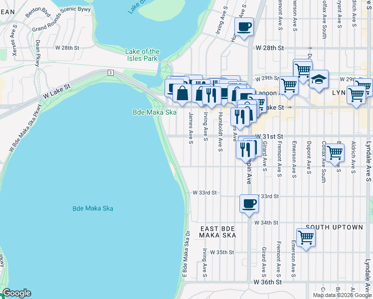 map of restaurants, bars, coffee shops, grocery stores, and more near 3117 East Calhoun Parkway in Minneapolis
