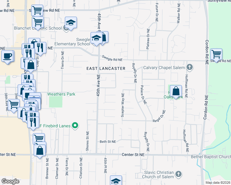 map of restaurants, bars, coffee shops, grocery stores, and more near 4580 Thrush Drive Northeast in Salem