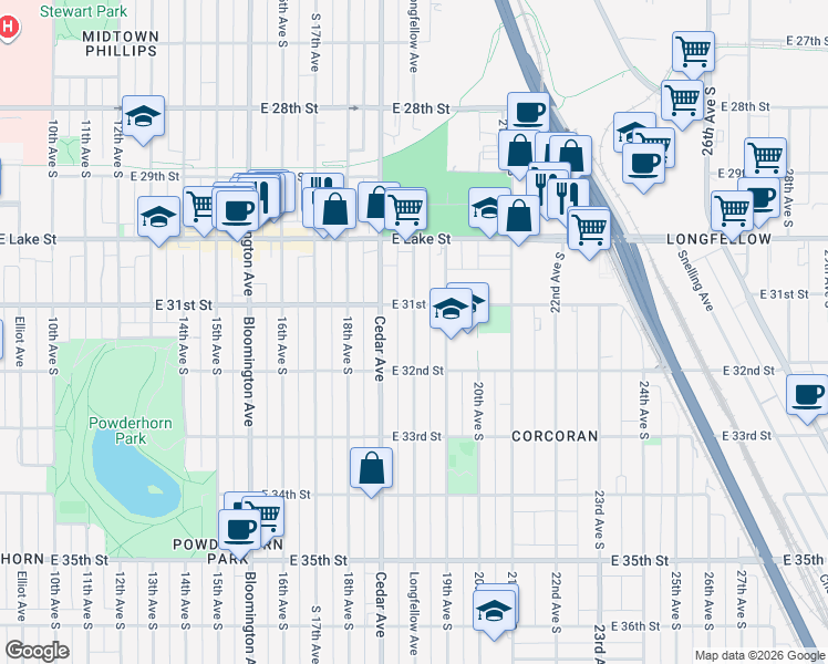 map of restaurants, bars, coffee shops, grocery stores, and more near 3136 Longfellow Ave S in Minneapolis
