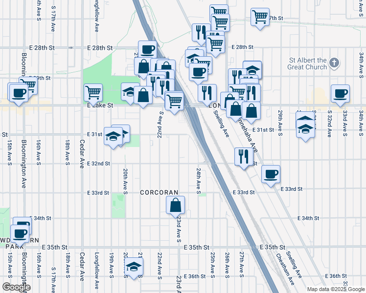 map of restaurants, bars, coffee shops, grocery stores, and more near 3123 23rd Avenue South in Minneapolis