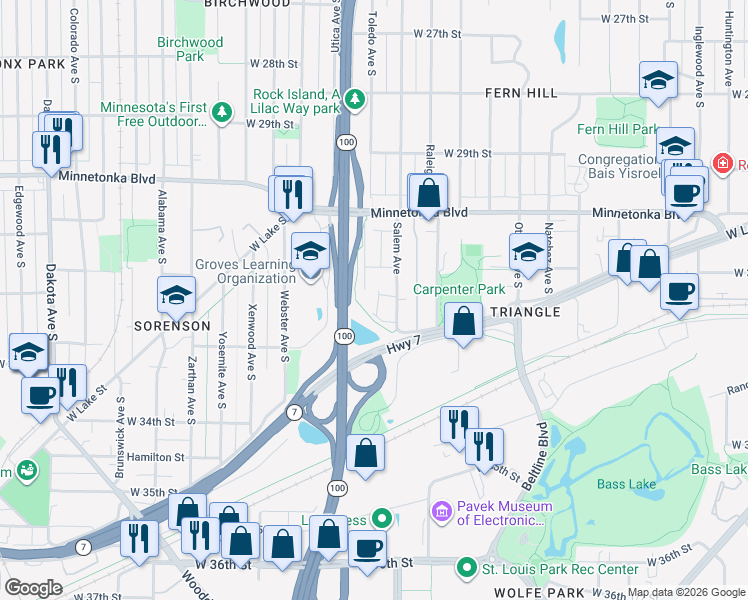 map of restaurants, bars, coffee shops, grocery stores, and more near 3127 Minnesota 100 in St. Louis Park