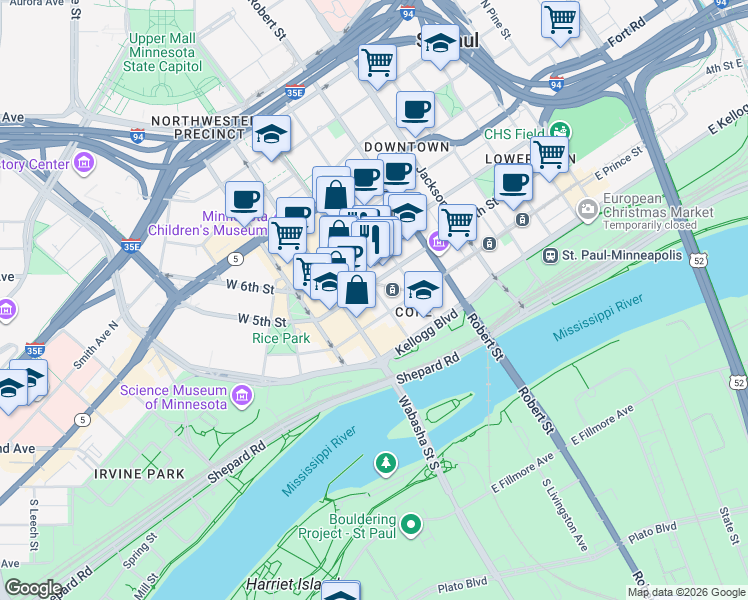 map of restaurants, bars, coffee shops, grocery stores, and more near 345 Cedar Street in Saint Paul