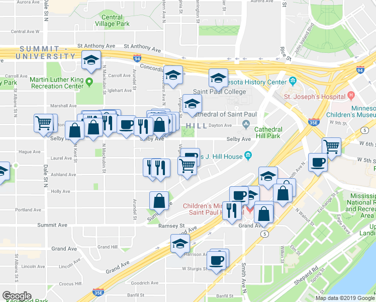 map of restaurants, bars, coffee shops, grocery stores, and more near 325 Laurel Avenue in Saint Paul