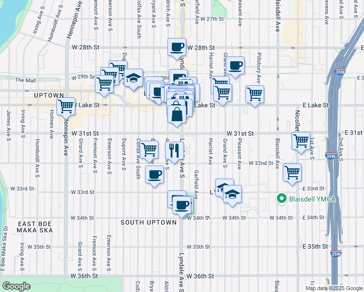 map of restaurants, bars, coffee shops, grocery stores, and more near 3139 Lyndale Avenue South in Minneapolis