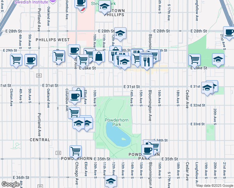 map of restaurants, bars, coffee shops, grocery stores, and more near 1212 Powderhorn Terrace in Minneapolis