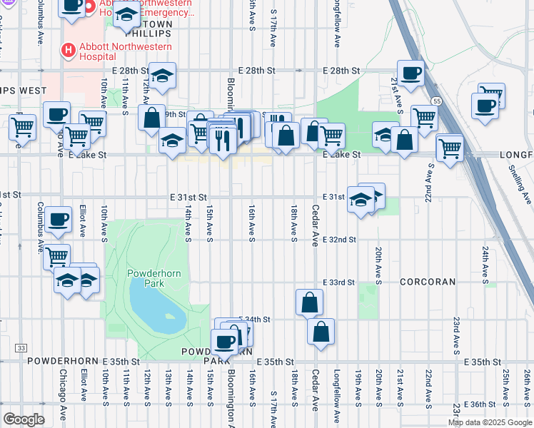 map of restaurants, bars, coffee shops, grocery stores, and more near 3120 17th Avenue South in Minneapolis