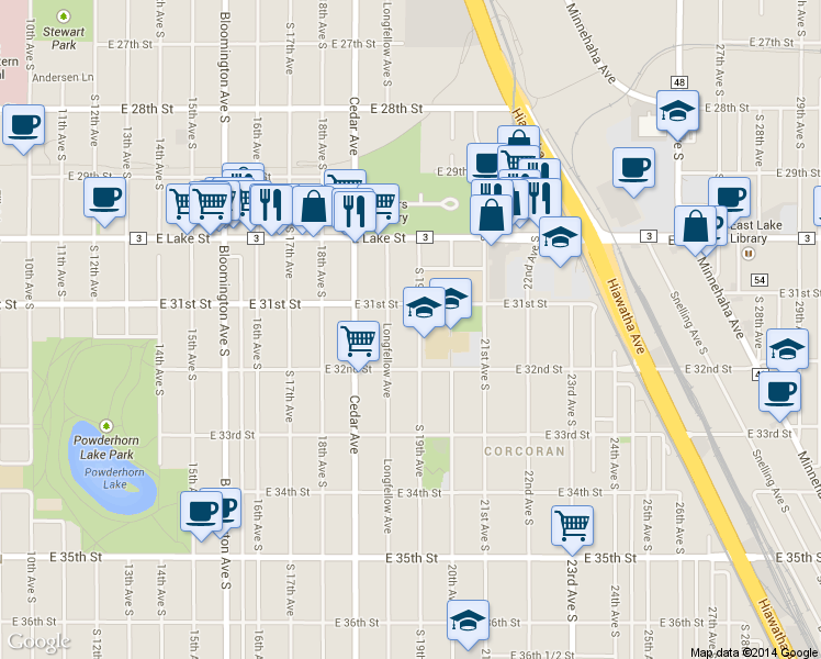 map of restaurants, bars, coffee shops, grocery stores, and more near 3116 S 19th Ave in Minneapolis
