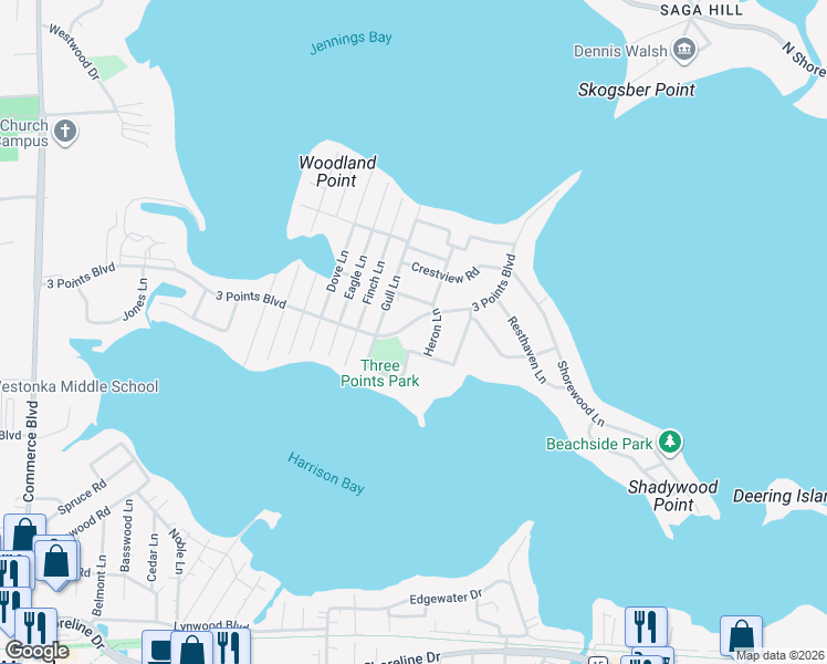 map of restaurants, bars, coffee shops, grocery stores, and more near 5033 3 Points Boulevard in Mound