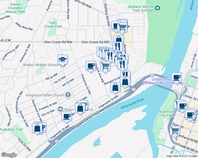 map of restaurants, bars, coffee shops, grocery stores, and more near 665 Murlark Avenue Northwest in Salem
