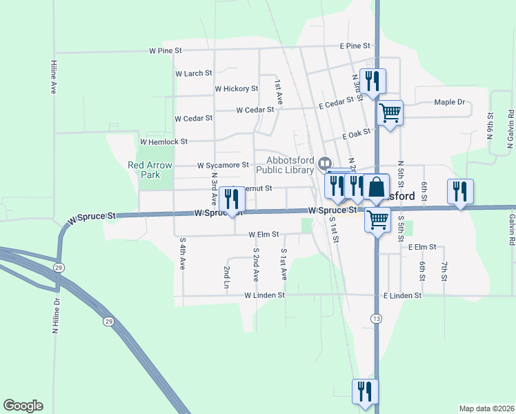 map of restaurants, bars, coffee shops, grocery stores, and more near 136 West Spruce Street in Abbotsford