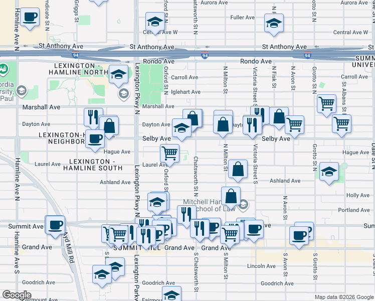 map of restaurants, bars, coffee shops, grocery stores, and more near 998 Selby Avenue in Saint Paul