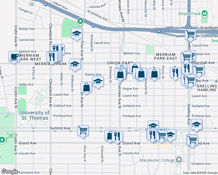 map of restaurants, bars, coffee shops, grocery stores, and more near 1848 Selby Avenue in Saint Paul