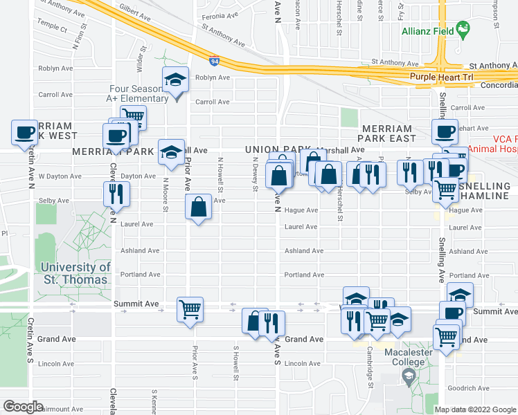 map of restaurants, bars, coffee shops, grocery stores, and more near 1848 Selby Avenue in Saint Paul