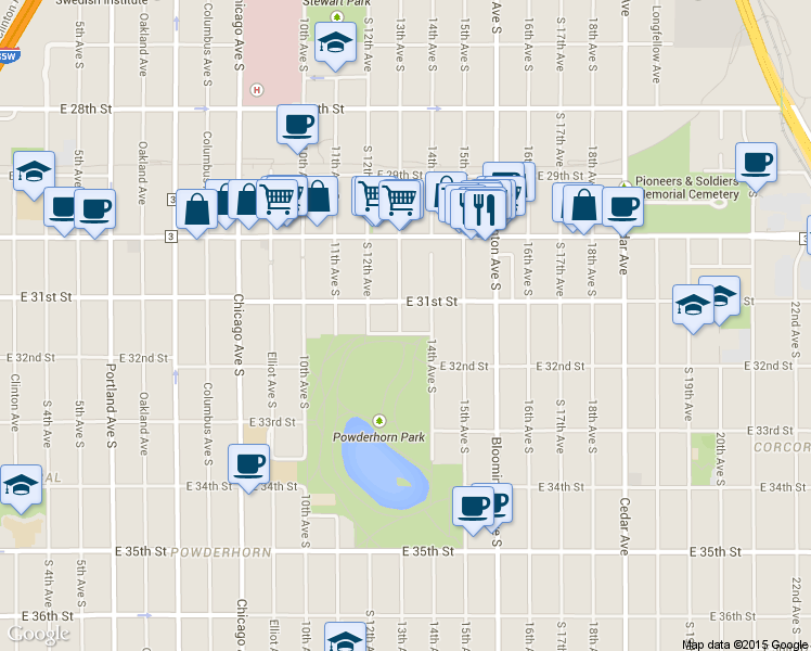 map of restaurants, bars, coffee shops, grocery stores, and more near 1220 Powderhorn Terrace in Minneapolis