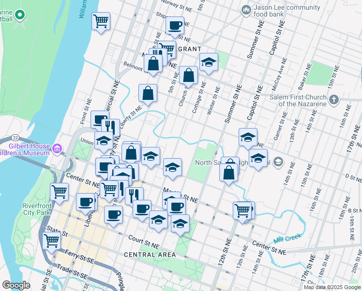 map of restaurants, bars, coffee shops, grocery stores, and more near 770 Cottage Street Northeast in Salem