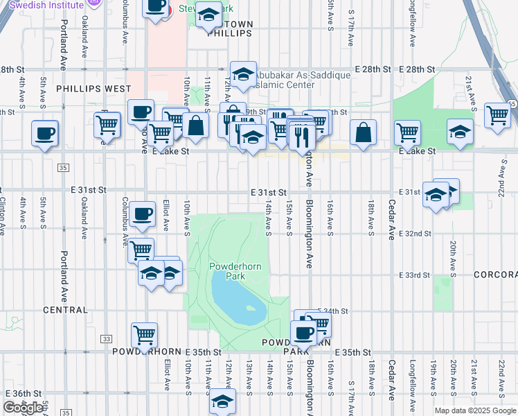 map of restaurants, bars, coffee shops, grocery stores, and more near 3117 14th Avenue South in Minneapolis