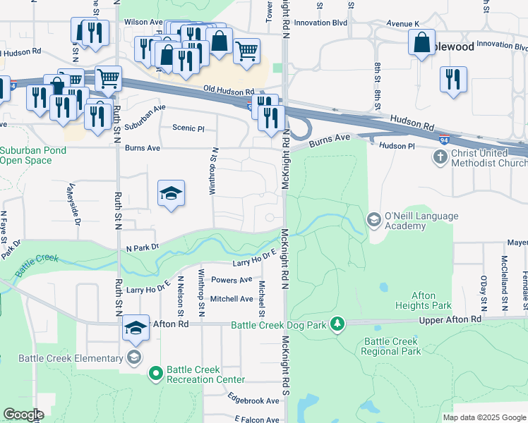map of restaurants, bars, coffee shops, grocery stores, and more near 125 McKnight Road North in Saint Paul