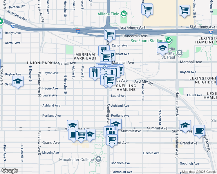 map of restaurants, bars, coffee shops, grocery stores, and more near 150 Snelling Avenue North in Saint Paul