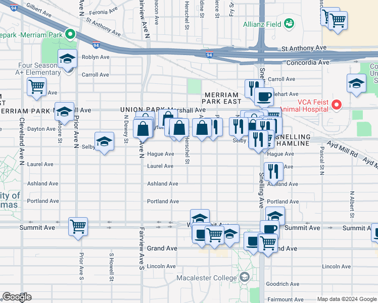 map of restaurants, bars, coffee shops, grocery stores, and more near 1707 Hague Avenue in Saint Paul
